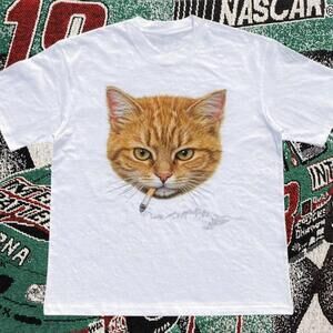 Orange Tabby Cat Graphic T Shirt Yellow Striped Cat Smoking Art Tee